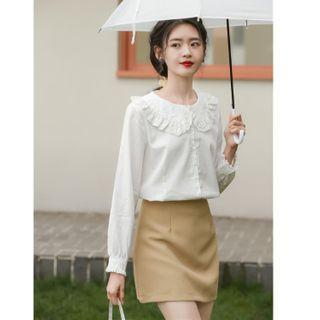 Eyelet Lace Trim Long-sleeve Blouse White - One Size