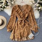 Long-sleeve Dotted Ruffled Tie-waist A-line Dress