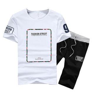 Set: :lettering Plain T-shirt + Lettering Color Matching Drawstring-waist Shorts
