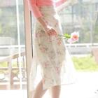 Deep-slit Floral Long Chiffon Skirt