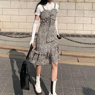 Short-sleeve Plain T-shirt / Drawstring Fingerless Gloves / Leopard Print Overall Dress