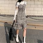 Short-sleeve Plain T-shirt / Drawstring Fingerless Gloves / Leopard Print Overall Dress