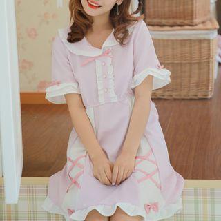 Ruffle Trim Short-sleeve A-line Dress Pink - One Size