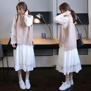 Knit Vest / Long-sleeve Midi A-line Lace Dress / Set