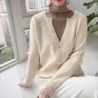 Mock Two-piece High-neck Lace Panel Knit Top