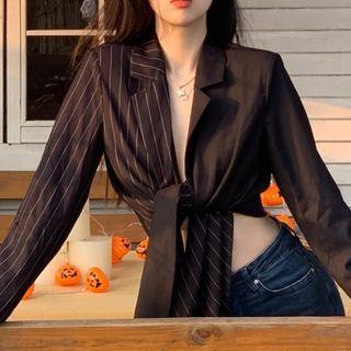 Striped Panel Tie-waist Cropped Blazer Stipes - Black - One Size