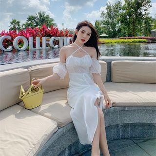 Cold-shoulder Bow Slit A-line Dress