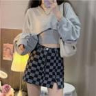 Crop Camisole Top / Crop Sweatshirt / Checker Print A-line Skirt / Set