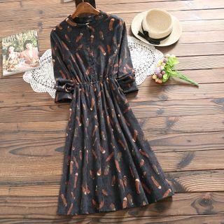 Long-sleeve Feather Print Midi A-line Dress