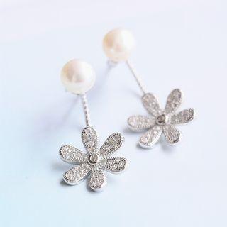 Faux Pearl Flower Rhinestone Swing Earrings
