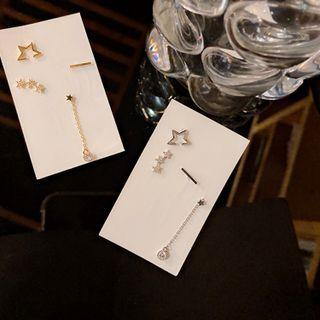 Set Of 4: Star Stud Earring + Stud Earring + Fringed Earring Set Of 4 - Silver Needle - Gold - One Size