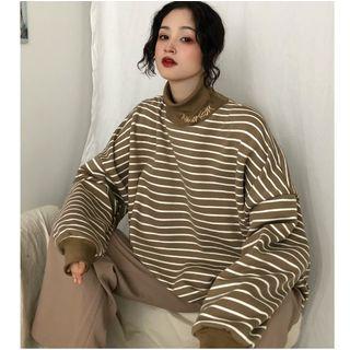 Mock Turtleneck Letter Embroidered Striped Pullover