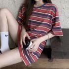 Short-sleeve Striped T-shirt 8009 - Stripes - Light Red & Blue - One Size