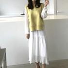 Plain Knit Vest / Long-sleeve Midi A-line Dress
