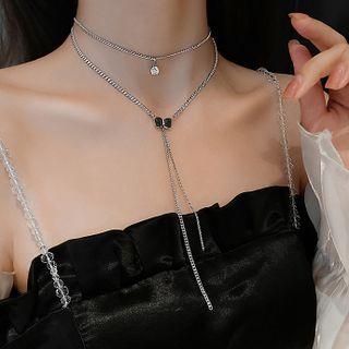 Titanium Steel Cz Ribbon Layered Necklace 1 Pc - Silver - One Size