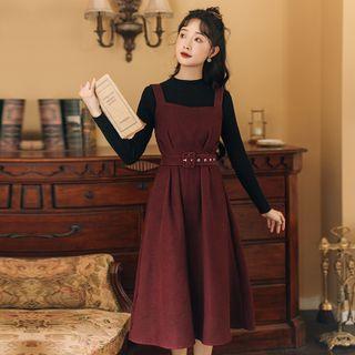 Midi A-line Overall Dress / Long-sleeve Top / Set