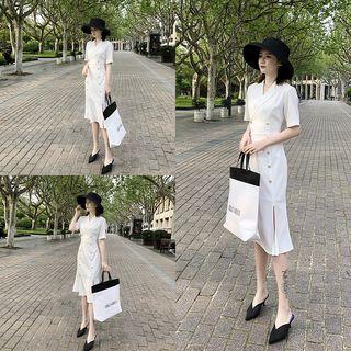 Elbow-sleeve Double Breasted Slit Midi Mermaid Dress