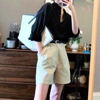 Long-sleeve Plain Blouse / Wide-leg Shorts With Belt