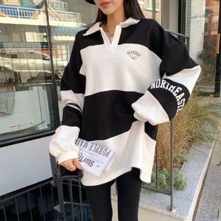 Collared Color-block Letter Sweatshirt