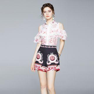 Set: Short-sleeve Floral Print Blouse + Shorts