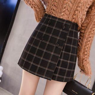 Button-detail Plaid Mini A-line Skort