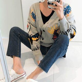 Loose-fit Pattern Cardigan Gray - One Size