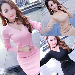 V-neck Mini Sheath Knit Dress