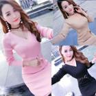 V-neck Mini Sheath Knit Dress