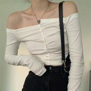 Off-shoulder Asymmetrical Ruched Crop Top White - One Size