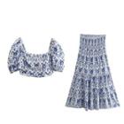Short-sleeve Print Crop Top / Midi A-line Skirt