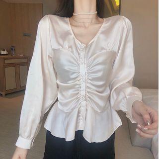 Ruffled Puff-sleeve V-neck Blouse
