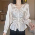Ruffled Puff-sleeve V-neck Blouse