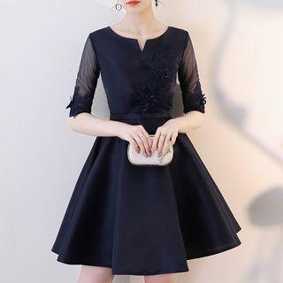 Sheer Elbow-sleeve A-line Party Dress