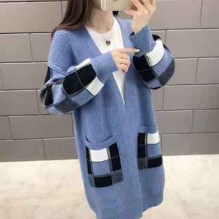 Plaid Panel Open Front Long Cardigan