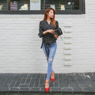 Tie-waist Wrap-front Dotted Top
