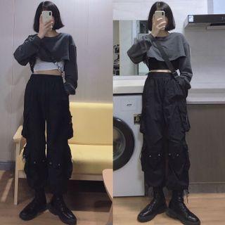 Set : Cropped Sweatshirt + Camisole Top + Cargo Pants