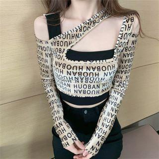 Letter Print Cutout Cropped Long-sleeve Top Almond - One Size