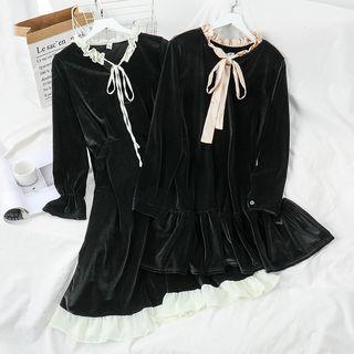 Frilled Velvet Long-sleeve Dress