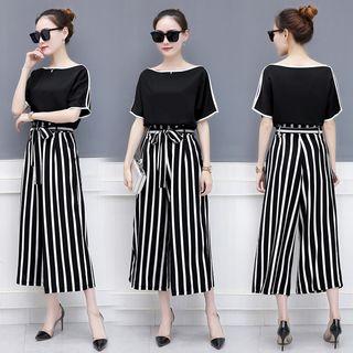 Set: Contrast Trim Short-sleeve Top + Striped Wide Leg Cropped Pants