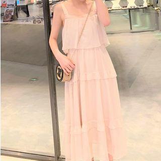 Tie-shoulder Tiered Midi Chiffon Dress