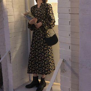Floral Long-sleeve Midi A-line Dress Yellow Floral - Black - One Size