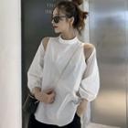 Plain Cold Shoulder Puff-sleeve Blouse White - One Size