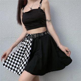 Chain Strap Cropped Camisole Top / Print Panel Mini A-line Skirt / Grommet Belt