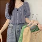 Puff-sleeve V-neck Check Blouse
