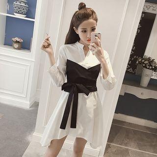 Mock Two-piece 3/4-sleeve Mini A-line Shirtdress