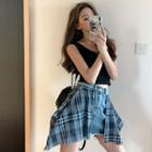 Tank Top / Plaid Panel Denim Skirt