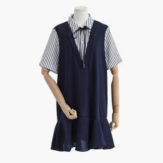 Mock Two Piece Striped Short Sleeve Collared Dress