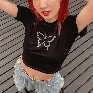 Short-sleeve Rhinestone Butterfly Cropped T-shirt