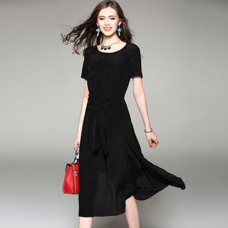 Tie-front Plain Silk Midi Dress