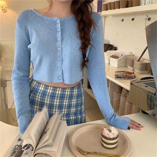 Plain Long-sleeve Cropped Light Cardigan / Plaid Skirt